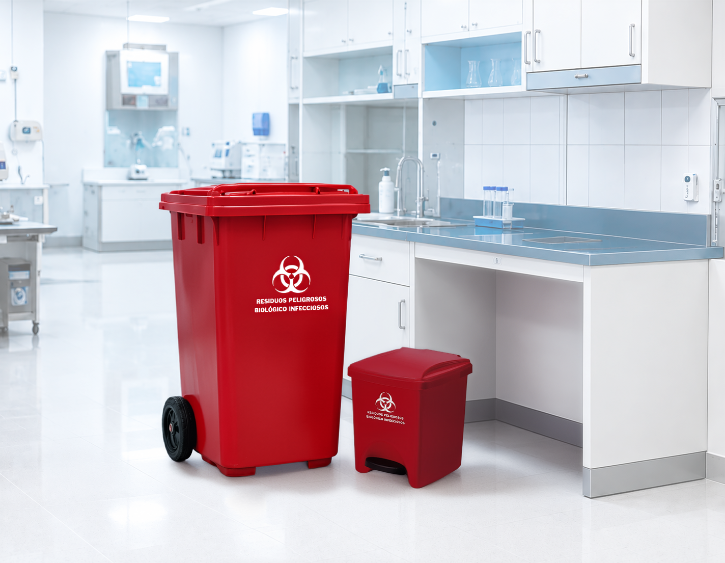 Contenedores RPBI rojos con pedal y ruedas en laboratorio