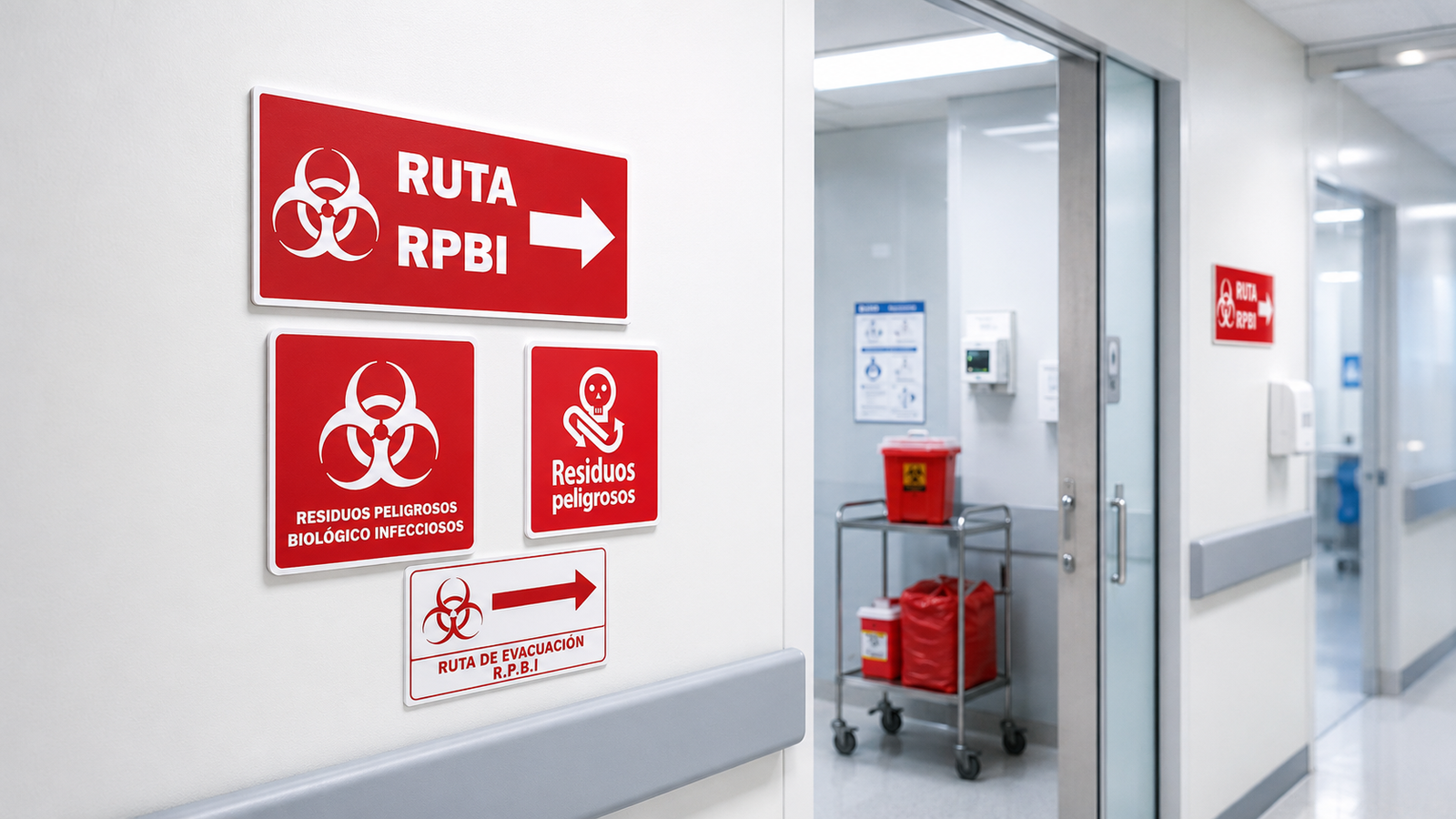Señalética de ruta RPBI en pasillo hospitalario