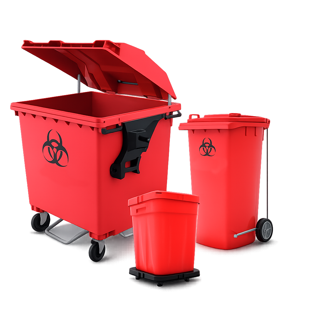 Contenedores RPBI rojos con pedal y ruedas